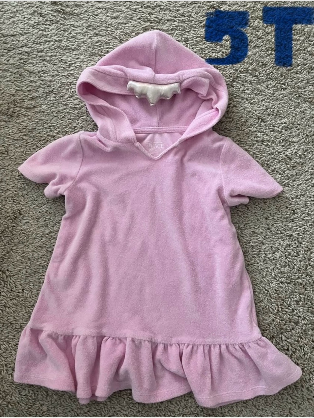 Girls Pink Hooded Terry Dress with Ruffle Hem